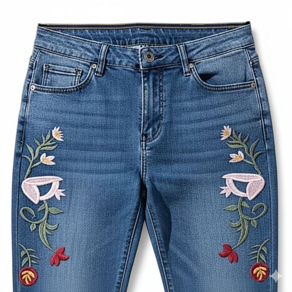 Vazoca High Rise Embroidered Floral Flare Blue Jeans Raw Hem Boho Hippie Y2K XL - Picture 3 of 9